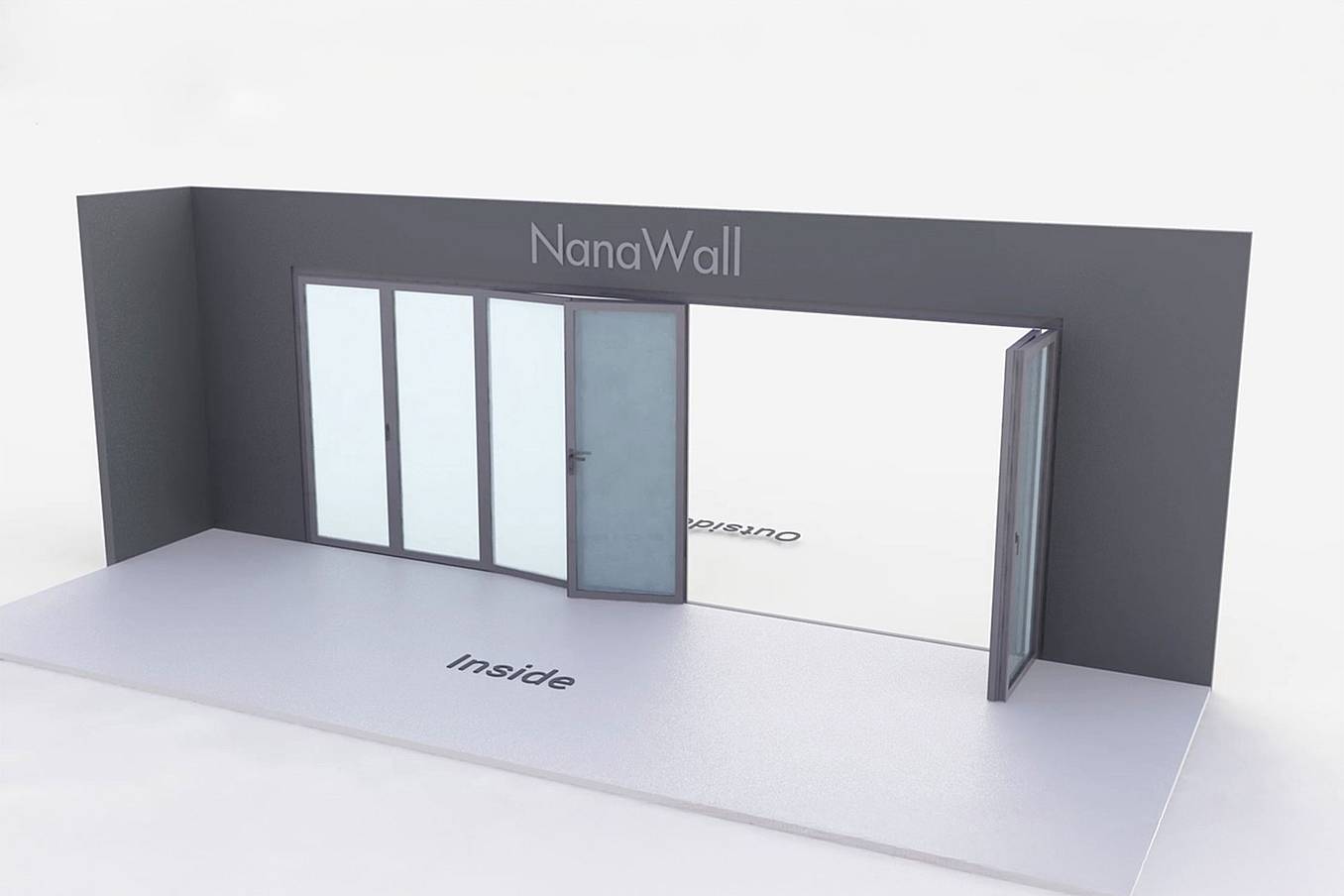 NanaWall standard configuration: 7-panel folding glass door, inward opening; 5 panels fold left and 2 panels fold right (i5L2R)