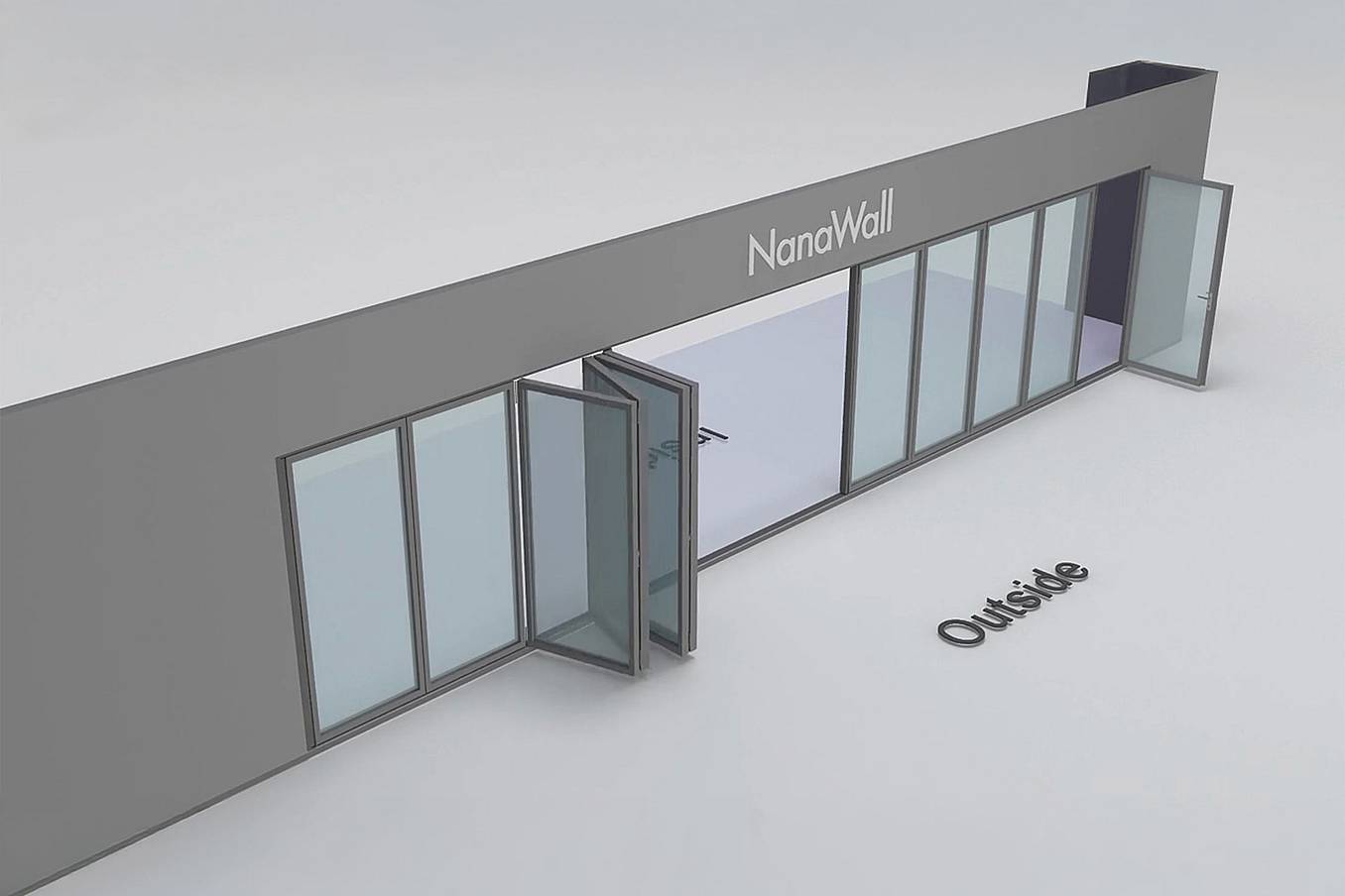 NanaWall Fourfold/Sixfold configuration: 11-panel folding glass door, outward opening; 1 panel folds left, 4-panel set folds left/right, and 6-panel set folds left/right (o1L, 4LR, 6LR)