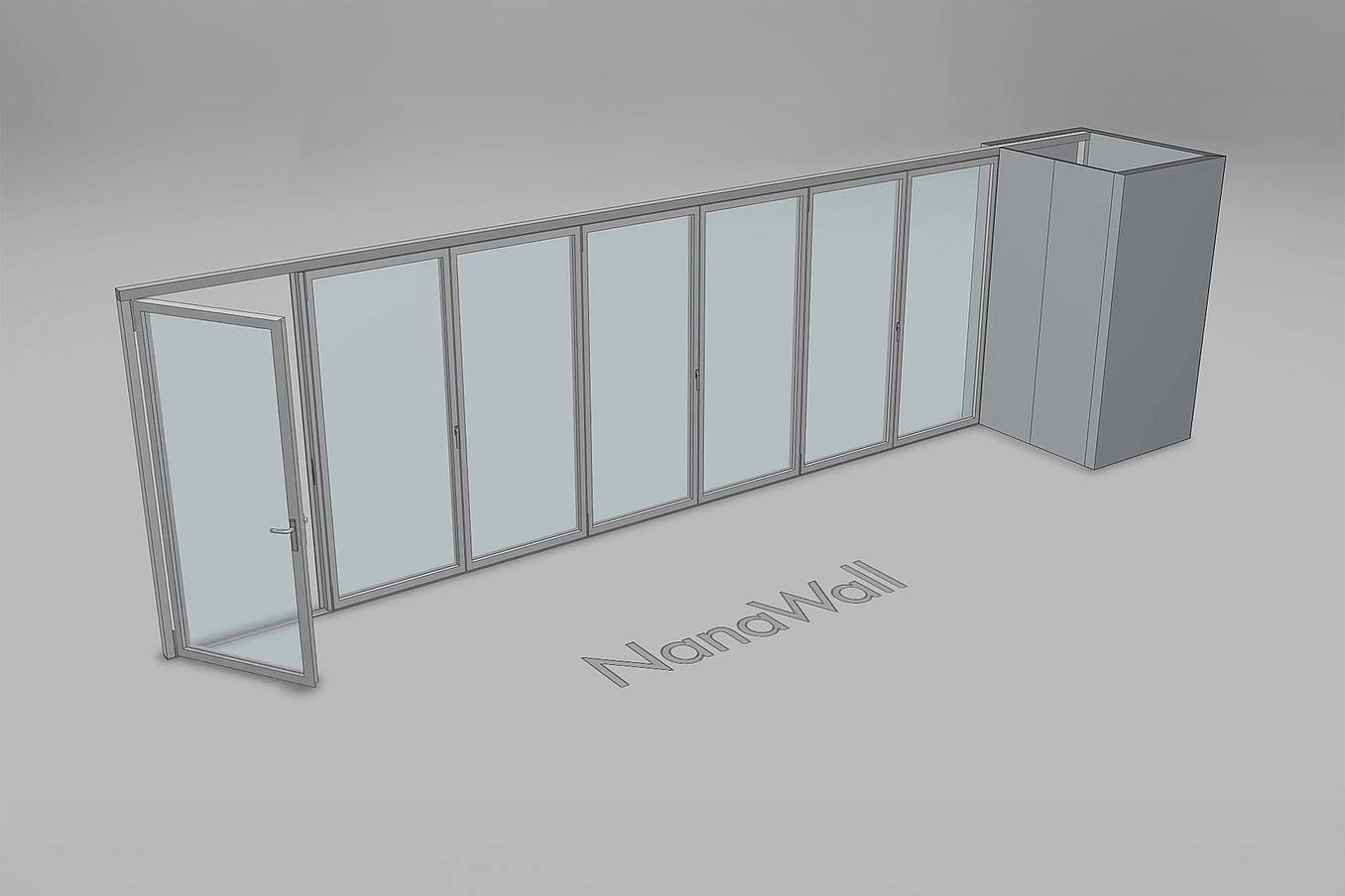 NanaWall pocketing configuration: 7-panel folding glass door, inward opening; 1 panel folds left and 6-panel set folds left/right (i1L, 6LR).