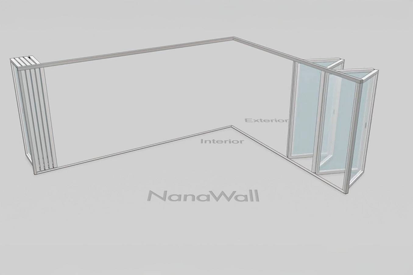 NanaWall open-corner configuration: 9-panel folding glass door, outward opening; 5 panels fold left and 4 panels fold right (o5L4R)