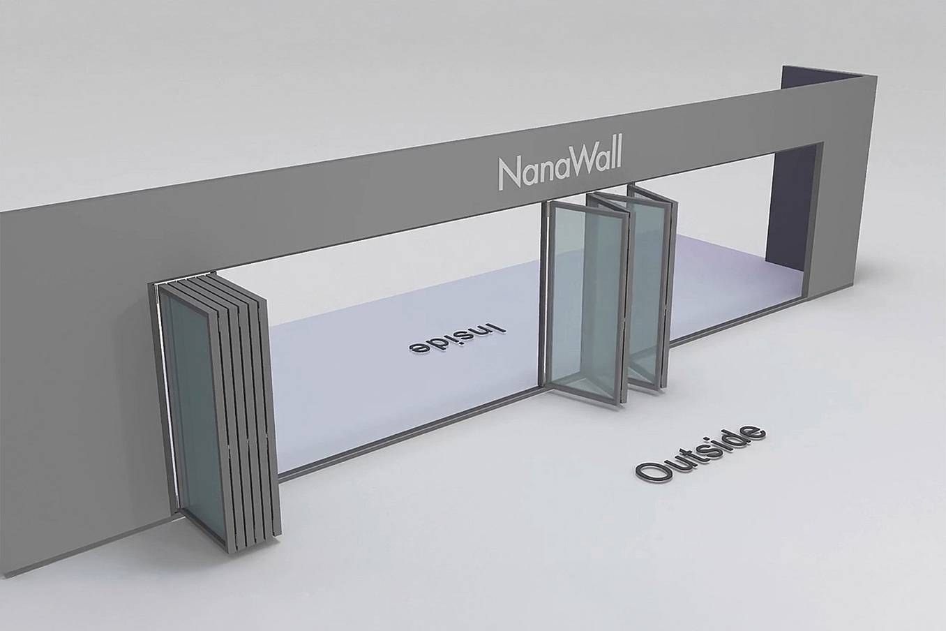 NanaWall Fourfold/Sixfold configuration: 10-panel folding glass door, outward opening; 4-panel set folds left/right and 6-panel set folds left/right (o4LR, 6LR)