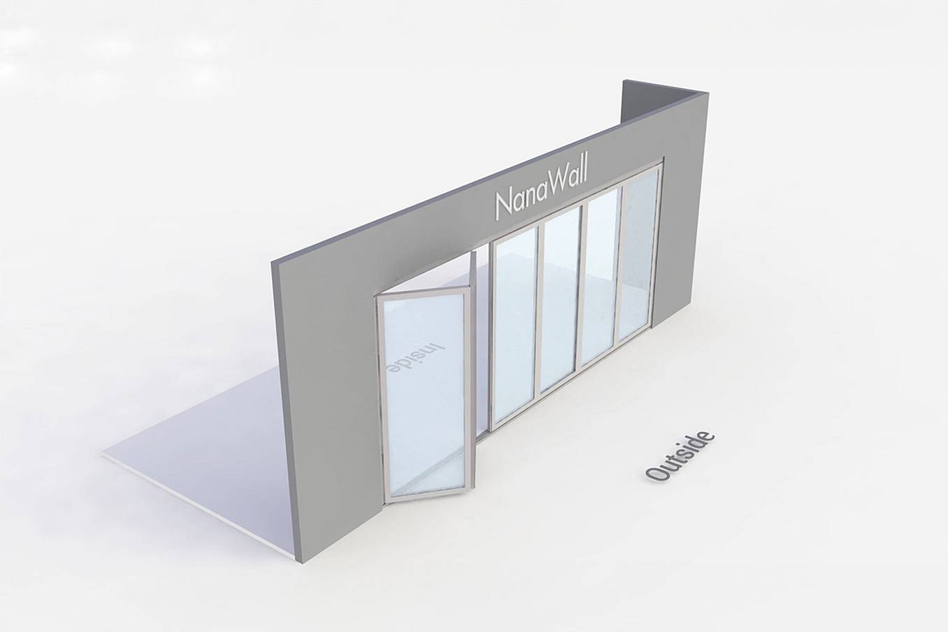 NanaWall standard configuration: 6-panel folding glass door, outward opening; 4 panels fold left and 2 panels fold right (o4L2R)