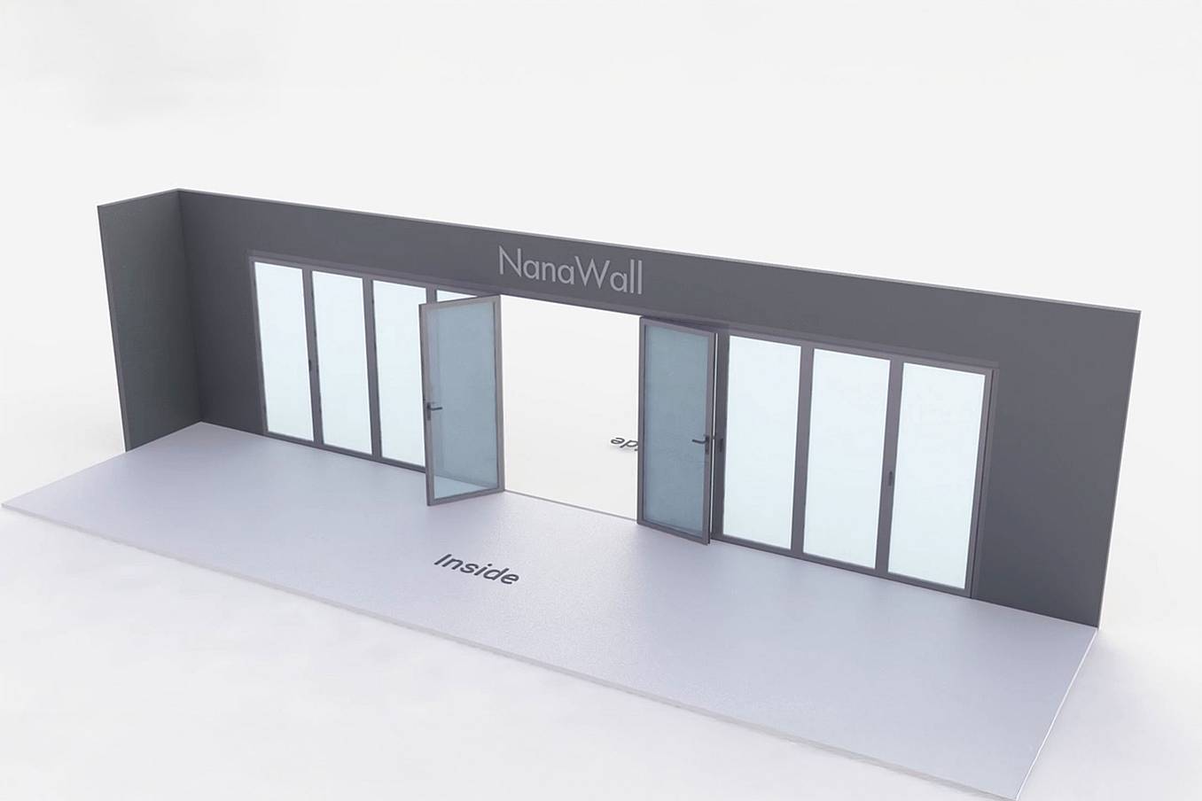 NanaWall standard configuration: 10-panel folding glass door, inward opening; 5 panels fold left and 5 panels fold right (i5L5R)