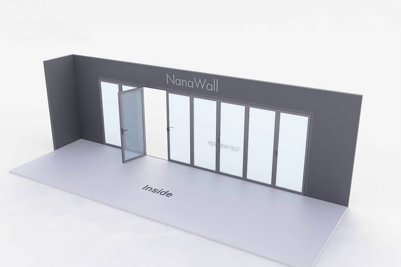 NanaWall standard configuration: 8-panel folding glass door, inward opening; 3 panels fold left and 5 panels fold right (i3L5R)