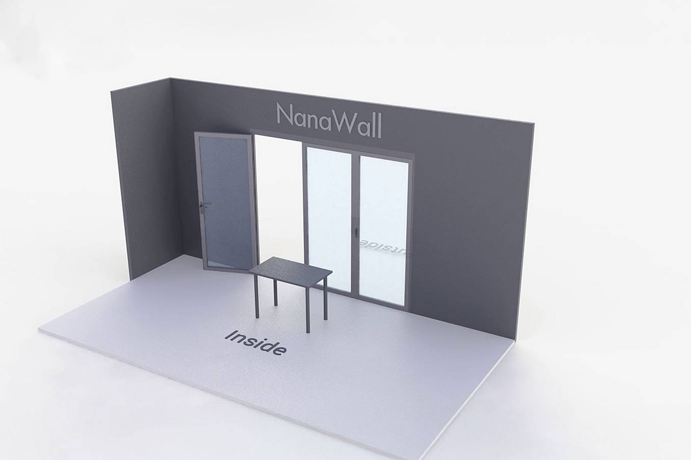 NanaWall Standard configuration: 3-panel folding glass door, inward opening; 1 panel folds left and 2-panel set folds left/right (i1L, 2LR)