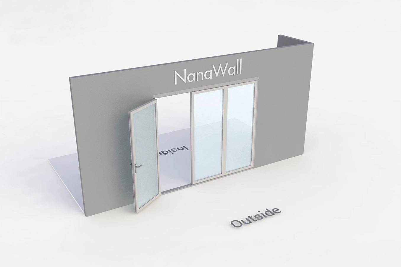 NanaWall standard configuration: 3-panel folding glass door, outward opening; 2 panels fold left and 1 panel folds right (o2L1R)