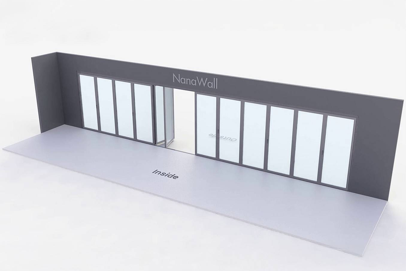 NanaWall standard configuration: 12-panel folding glass door, outward opening; 6 panels fold left and 6 panels fold right (o6L6R)
