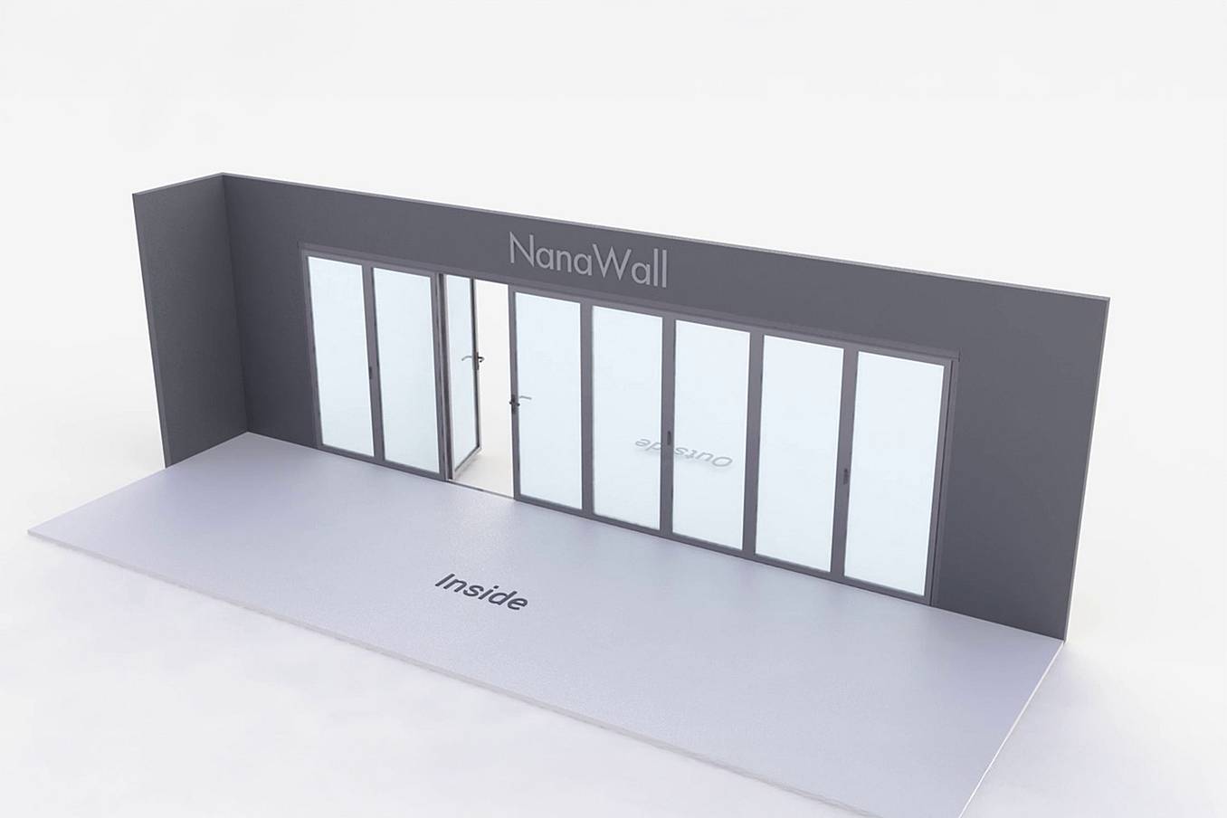 NanaWall standard configuration: 8-panel folding glass door, outward opening; 3 panels fold left and 5 panels fold right (o3L5R)