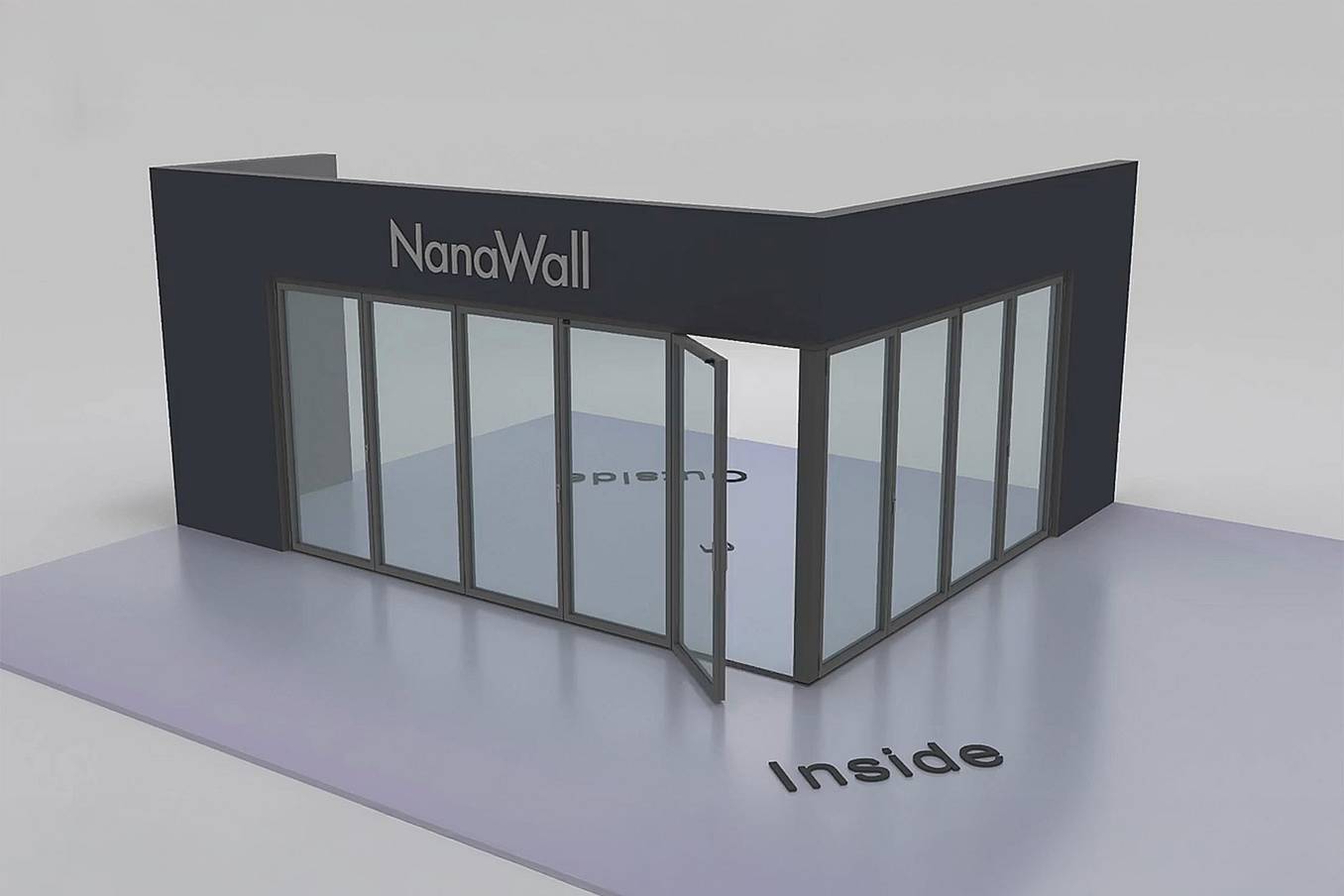 NanaWall open-corner configuration: 9-panel folding glass door, inward opening; 5 panels fold left and 4 panels fold right (i5L4R)