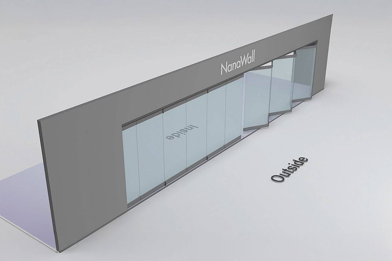NanaWall standard configuration: 12-panel folding glass door, outward opening; 6 panels fold left and 6 panels fold right (o6L6R)