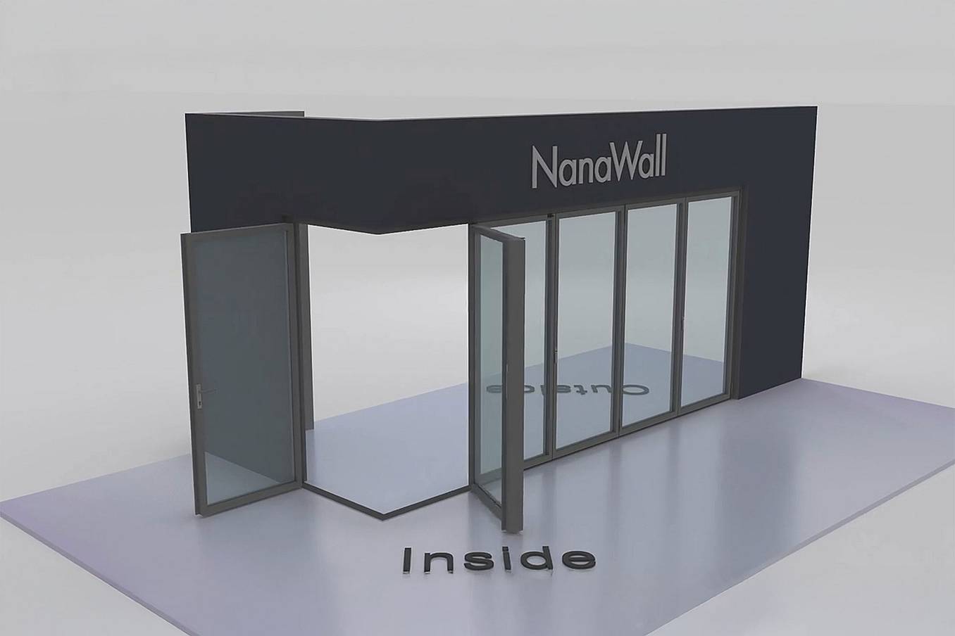 NanaWall open-corner configuration 1L 5R: panels meet at a 90° corner with one panel stacking left and five panels stacking right