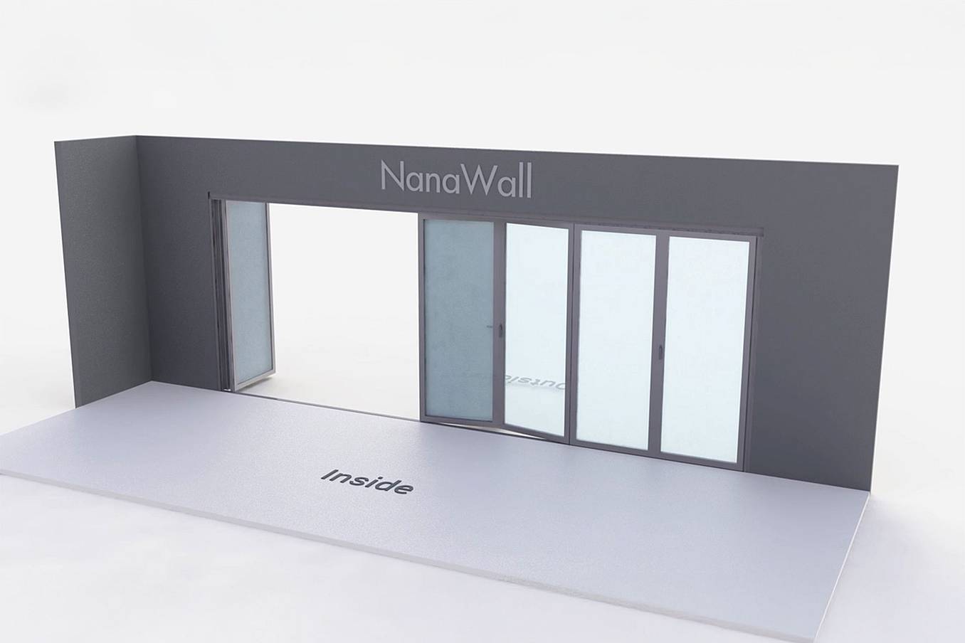 NanaWall standard configuration: 7-panel folding glass door, outward opening; 2 panels fold left and 5 panels fold right (o2L5R)