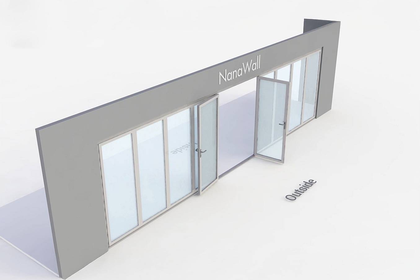 NanaWall standard configuration: 10-panel folding glass door, outward opening; 5 panels fold left and 5 panels fold right (o5L5R)