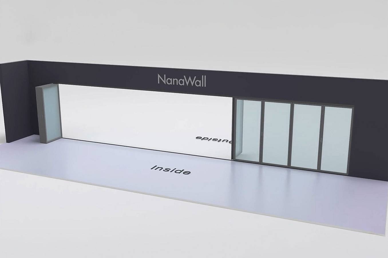 NanaWall inward/outward combination configuration: 12-panel folding glass door; 6 panels fold left (inward) and 6 panels fold right (outward) (i6Lo6R)