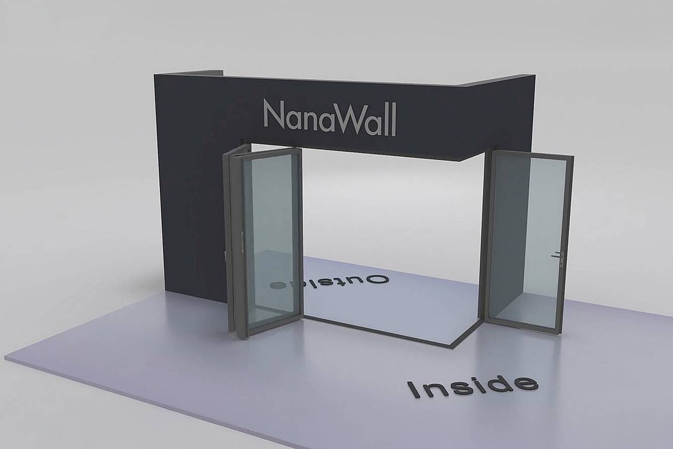 NanaWall open-corner configuration 3L 1R: panels meet at a 90° corner with three panels stacking left and one panel stacking right