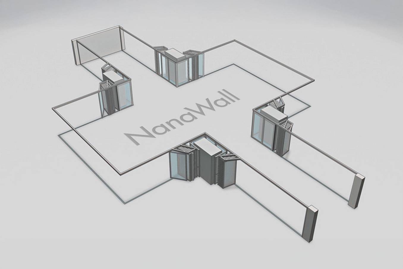 NanaWall open-corner configuration with parking bays: panels meet at 90° corners and stack into side bays