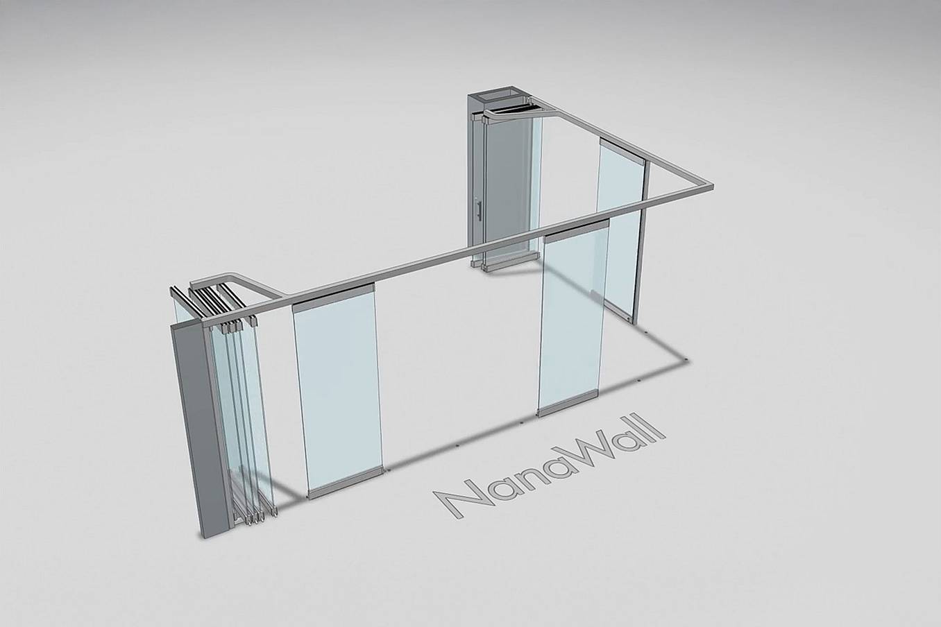 NanaWall open-corner configuration with dual parking bays: panels meet at a 90° corner and stack into side bays on both sides