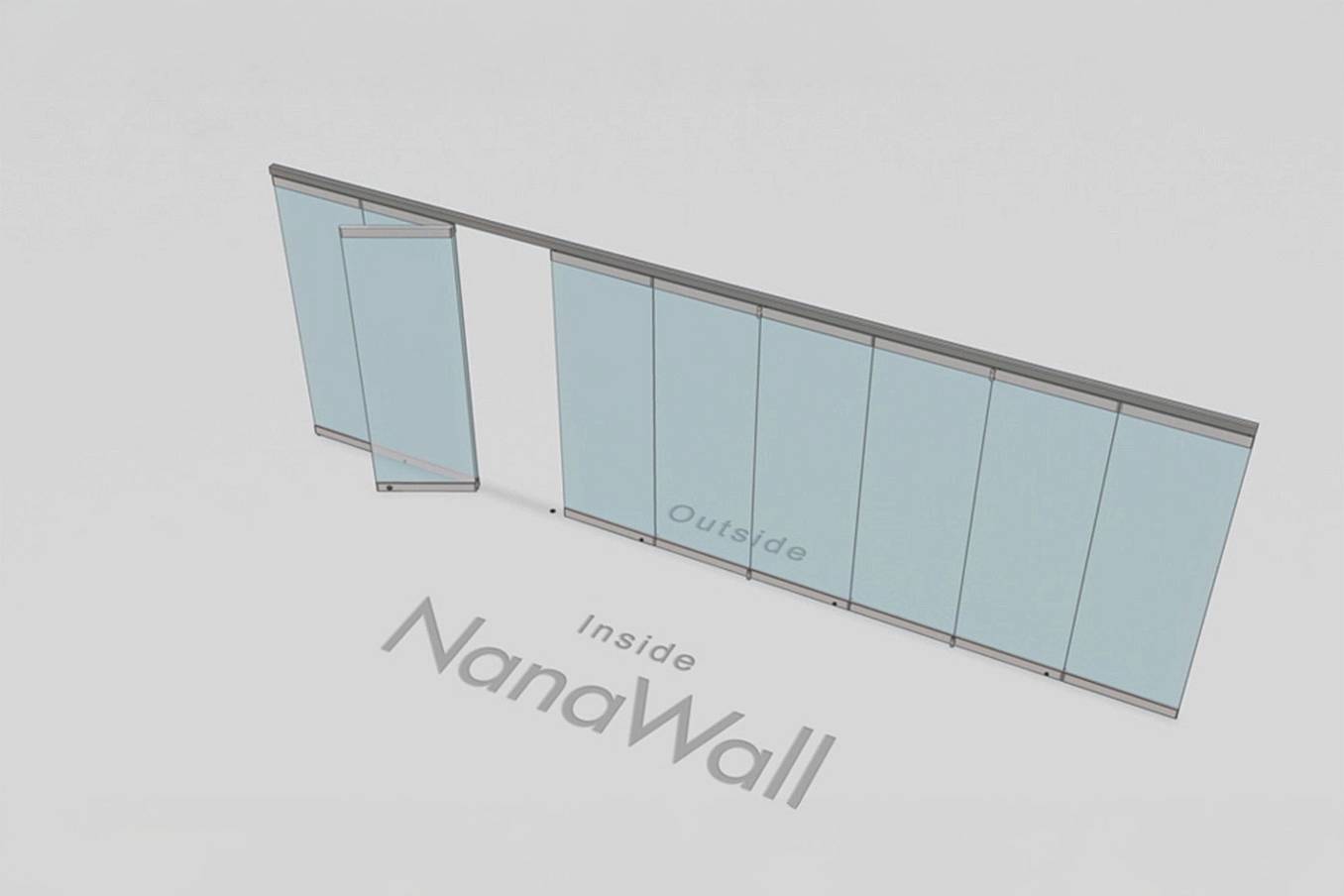 NanaWall standard configuration: 9-panel folding glass door, inward opening; 3 panels fold left and 6 panels fold right (i3L6R)
