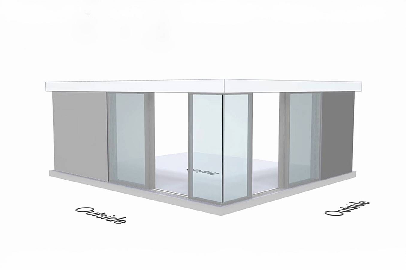 NanaWall Cero 90° corner configuration: sliding glass wall with fixed corner panels and center-opening panels on both sides (OXO-90-OXO)