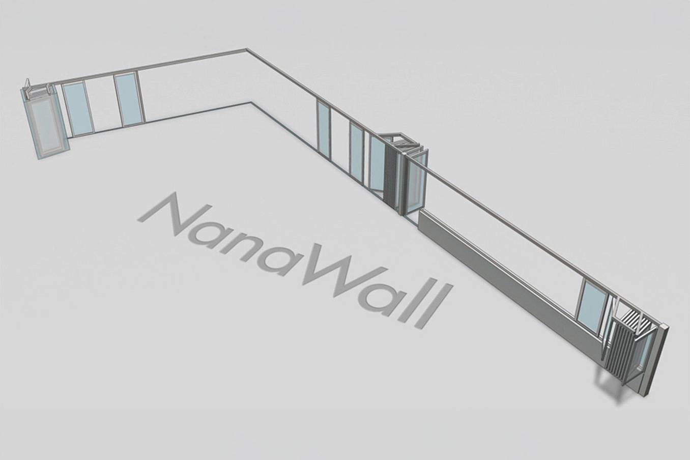 NanaWall HSW60 open-corner configuration with parking bays: operable glass wall panels turn at 90° and stack into side parking bays on both sides, creating a clear cornerless opening