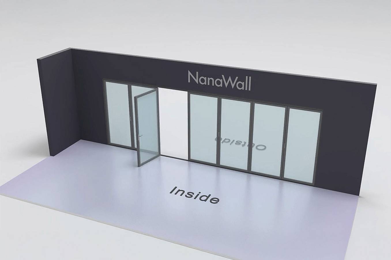 NanaWall inward/outward combination configuration: 7-panel folding glass door; 3 panels fold left (inward) and 4 panels fold right (outward) (i3Lo4R)