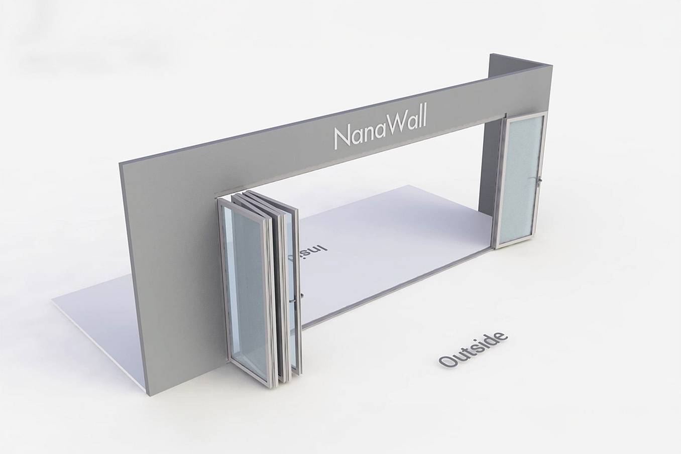 NanaWall standard configuration: 6-panel folding glass door, outward opening; 1 panel folds left and 5 panels fold right (o1L5R)