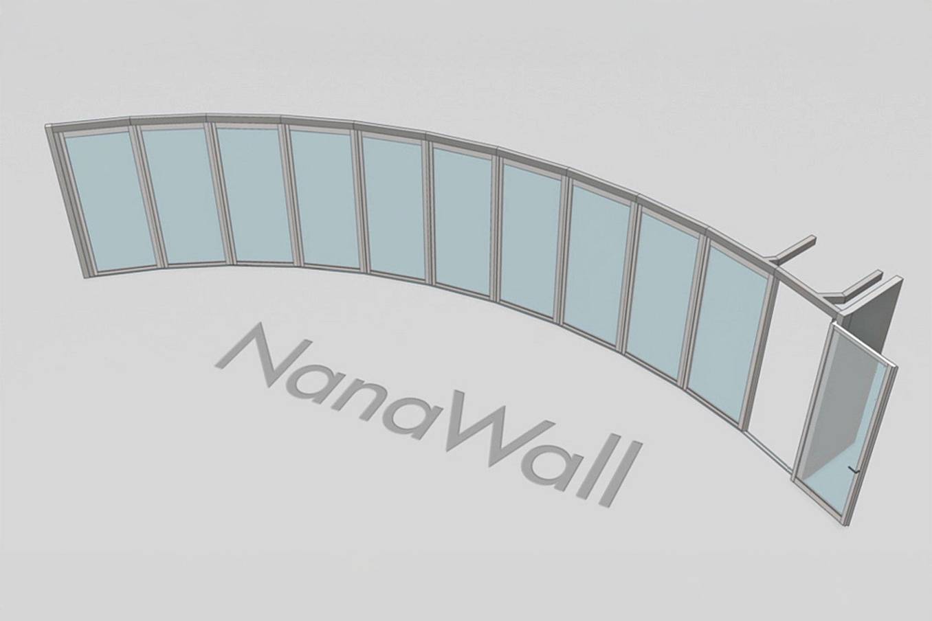 NanaWall HSW60 segmented configuration: operable glass wall panels arranged across curved segments, following a radius design while maintaining continuous alignment