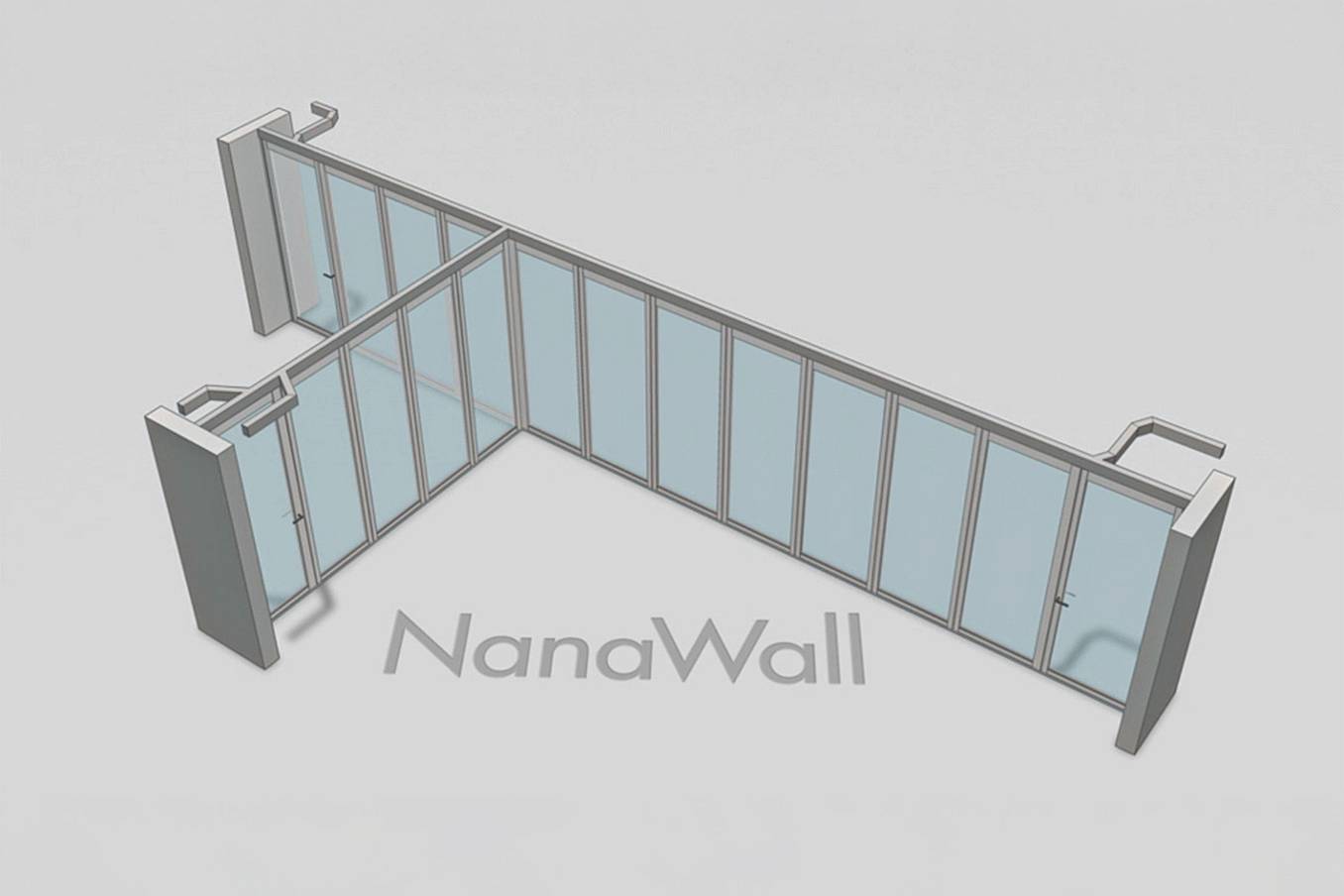 NanaWall T-intersection configuration: operable glass walls connect at a 90° junction, forming a T-shaped layout with flexible openings.