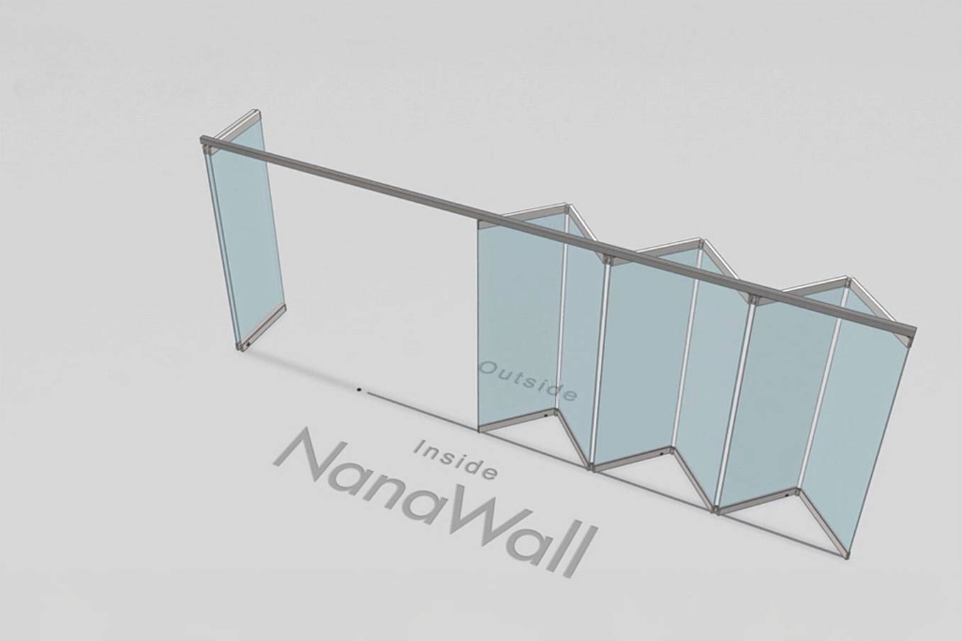 NanaWall standard configuration: 8-panel folding glass door, outward opening; 2 panels fold left and 6 panels fold right (o2L6R)
