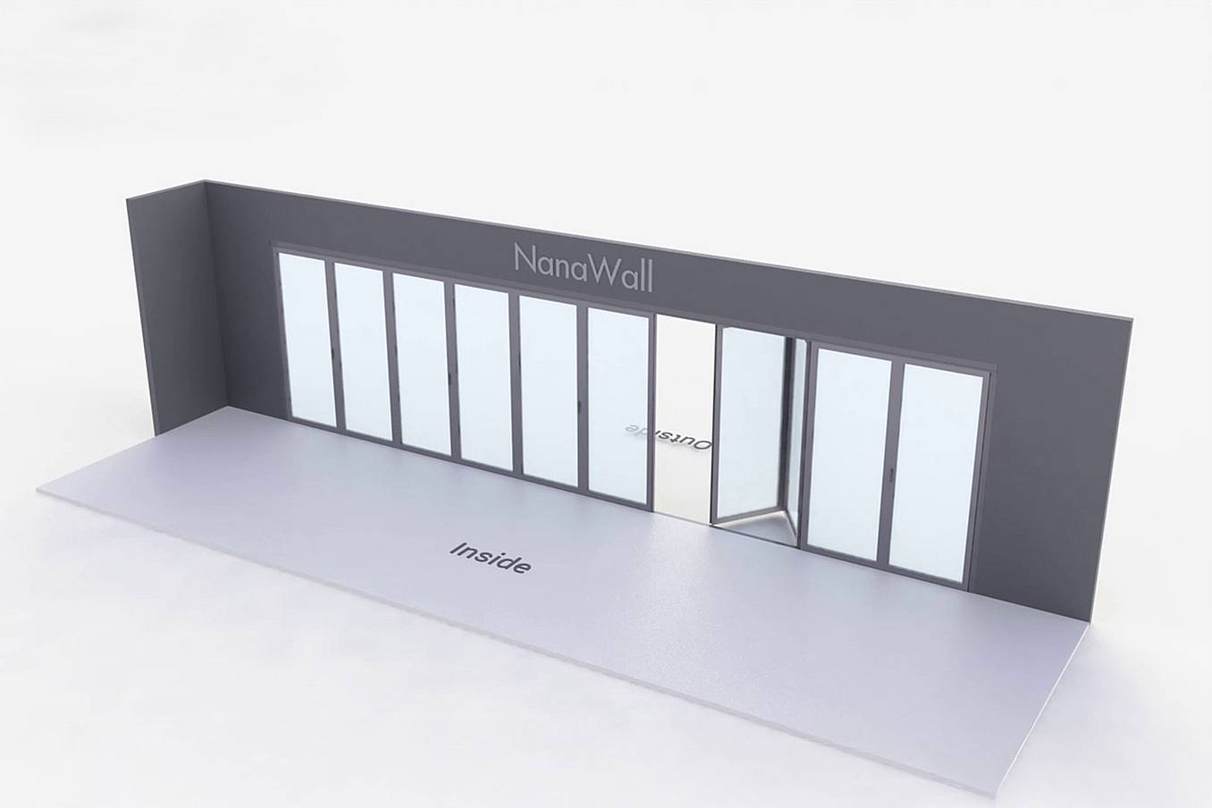 NanaWall standard configuration: 10-panel folding glass door, outward opening; 6 panels fold left and 4 panels fold right (o6L4R)