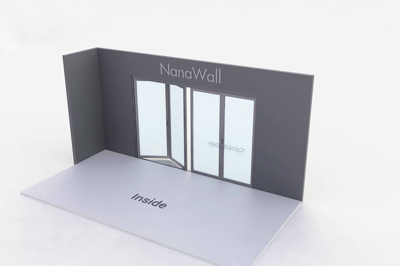 NanaWall standard configuration: 4-panel folding glass door, outward opening; 2 panels fold left and 2 panels fold right (o2L2R)