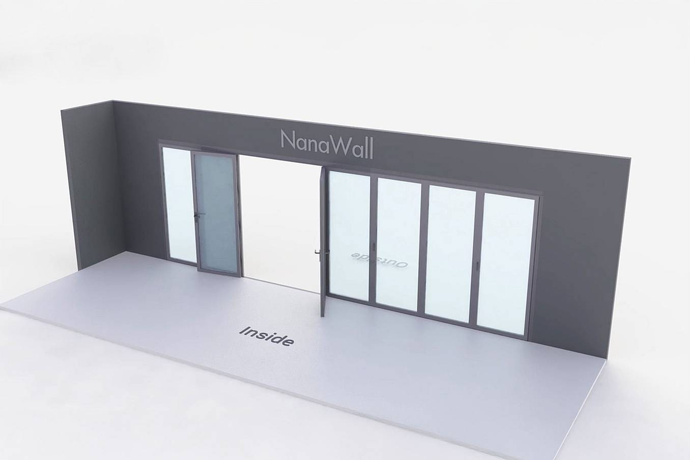NanaWall standard configuration: 8-panel folding glass door, inward opening; 3 panels fold left and 5 panels fold right (i3L5R)
