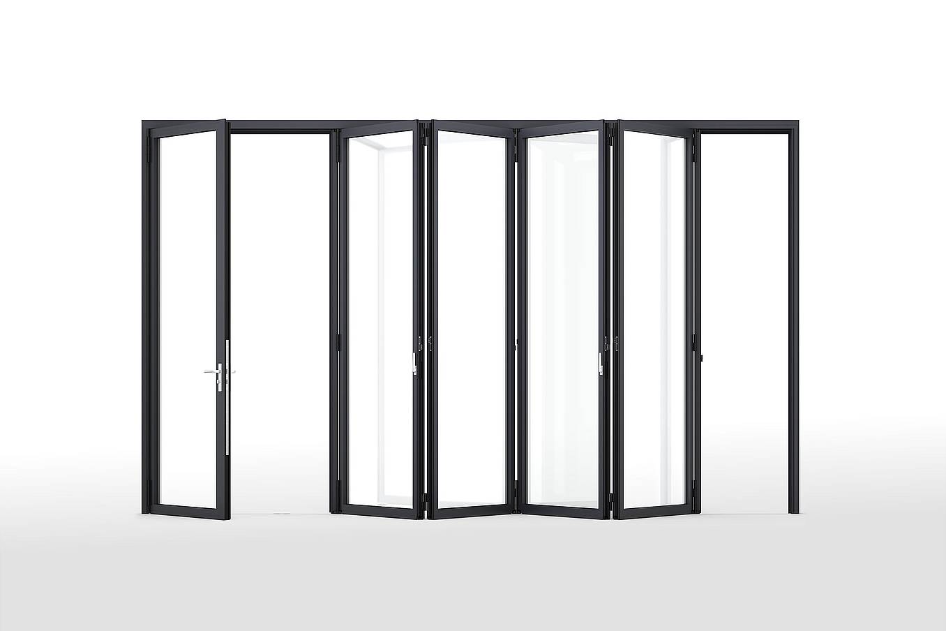 NanaWall NW Acoustical 645 folding glass wall system with an integrated swing door and acoustically rated aluminum panels