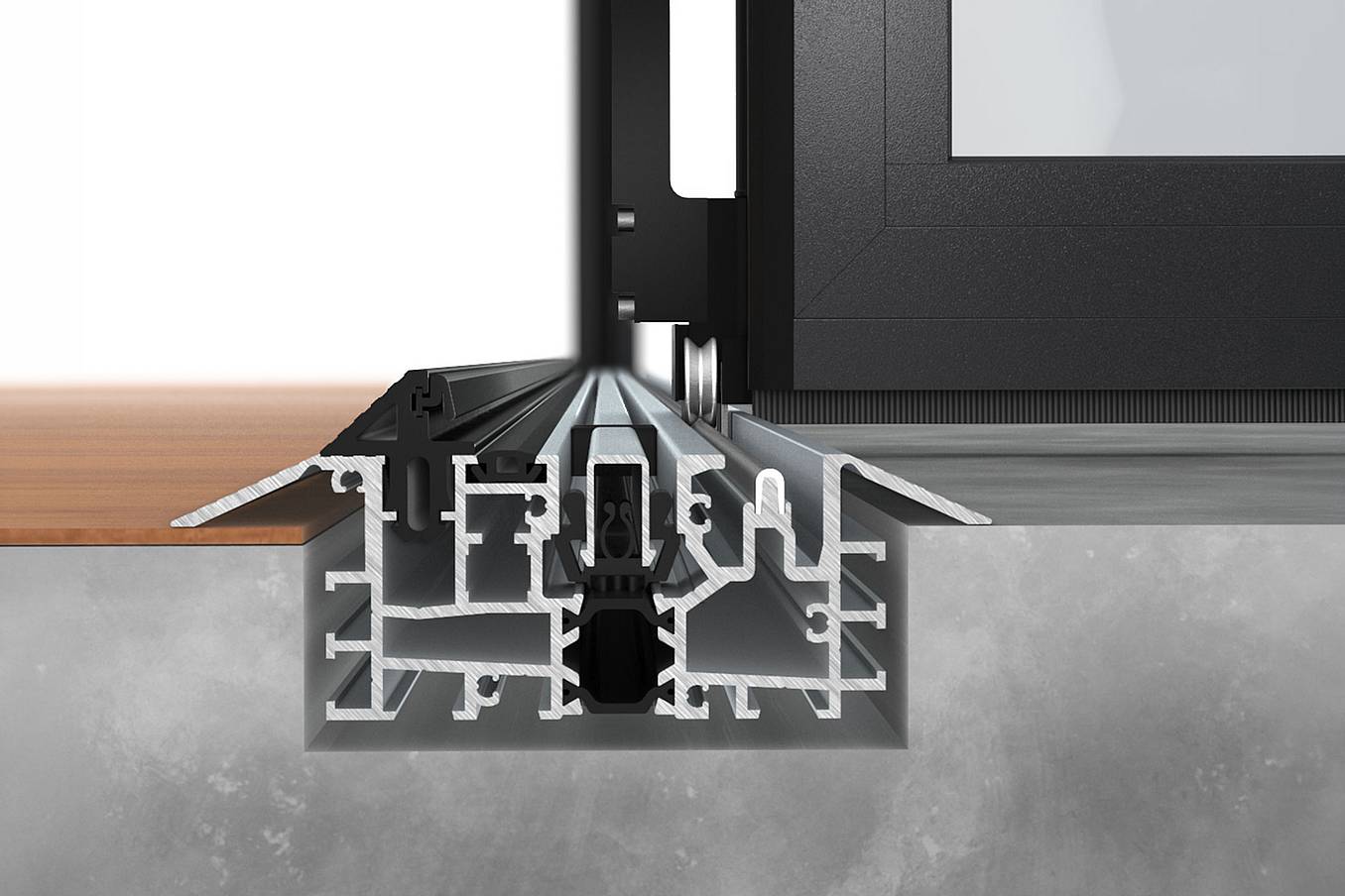 NanaWall NW Aluminum 640 low profile saddle sill detail showing an ADA-friendly threshold and aluminum track system