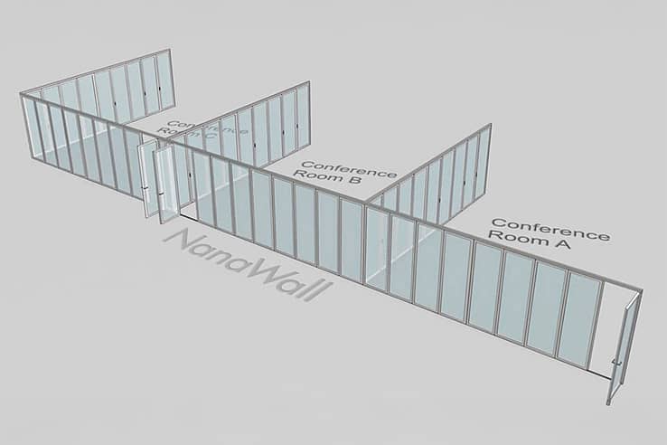 NanaWall T-intersection configuration: operable glass walls dividing conference rooms; panels open to connect Rooms A, B, and C