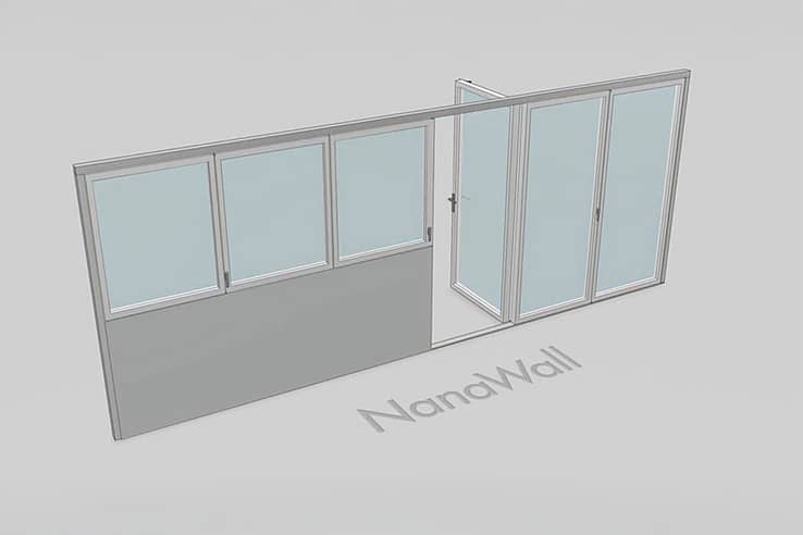 NanaWall 6-panel folding window/door combination, outward opening; 3-panel window set folds left and 3-panel door set folds right (o3L 3R)