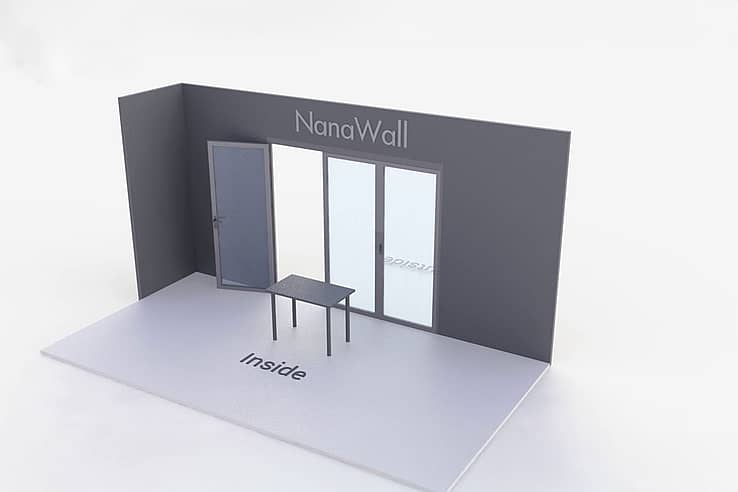 NanaWall Standard configuration: 3-panel folding glass door, inward opening; 1 panel folds left and 2-panel set folds left/right (i1L, 2LR)