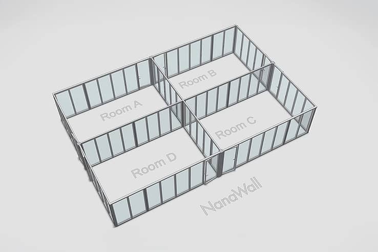 NanaWall T-intersection configuration: operable glass walls form a T-shaped 90° junction to connect Rooms A–D for flexible space layouts