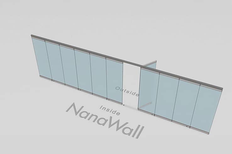 NanaWall standard configuration: 11-panel folding glass door, outward opening; 6 panels fold left and 5 panels fold right (o6L5R)