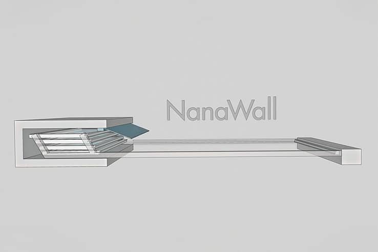 NanaWall enclosed stack configuration (Pocket G): panels stack into an enclosed bay, remaining concealed while keeping the opening clear.