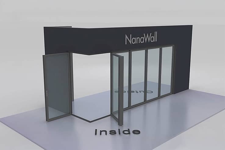 NanaWall open-corner configuration 1L 5R: panels meet at a 90° corner with one panel stacking left and five panels stacking right