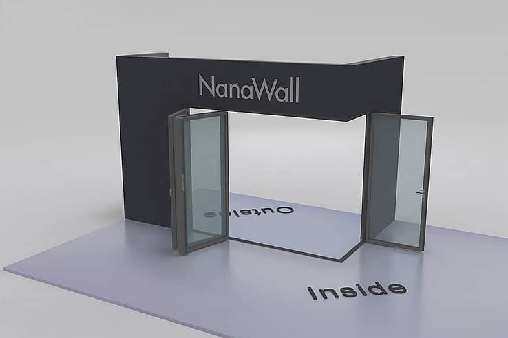 NanaWall open-corner configuration 3L 1R: panels meet at a 90° corner with three panels stacking left and one panel stacking right