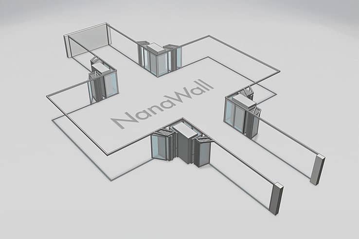 NanaWall open-corner configuration with parking bays: panels meet at 90° corners and stack into side bays