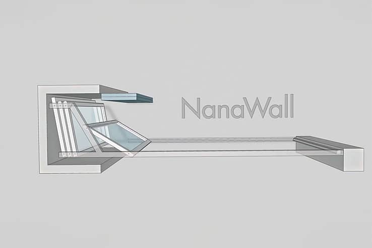 NanaWall enclosed stack configuration (Pocket D): panels stack into an enclosed bay, remaining concealed while keeping the opening clear.