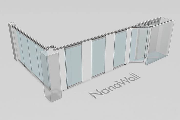NanaWall open-corner configuration: operable glass wall panels meet at a 90° corner, creating a cornerless opening