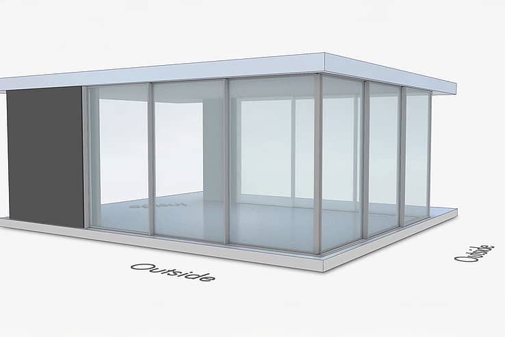 NanaWall pocketing configuration:  CERO II U-shape sliding glass wall with panels stacking at 90° corners and pocketing into the wall (XXO-90, OXX-90, XXP)