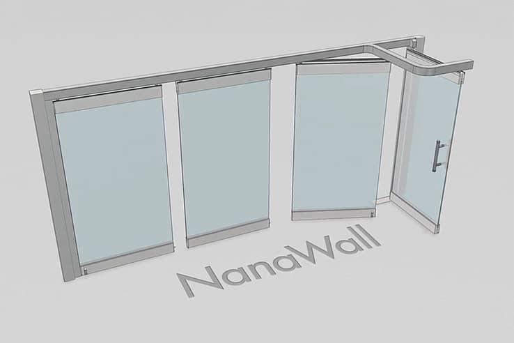 NanaWall parking bay configuration: operable glass wall panels turn at 90° and stack into a side bay, keeping the opening clear