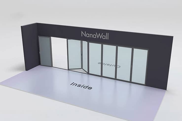 NanaWall inward/outward combination: 7-panel folding glass door with 1 panel inward left and 6 outward right (i1Lo6R)